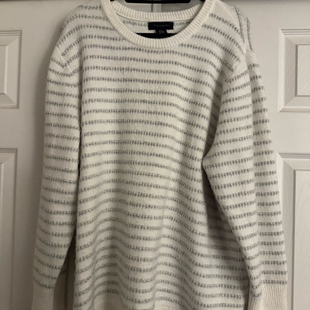 Tahari Cream and Gray Striped Sweater
